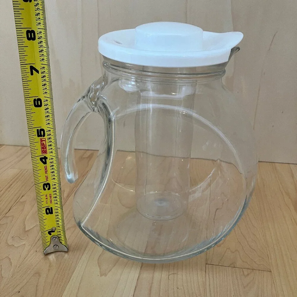 2 Crate & Barrel Iced Tea/Lemonade Glass Pitcher with Ice Insert and White Lid